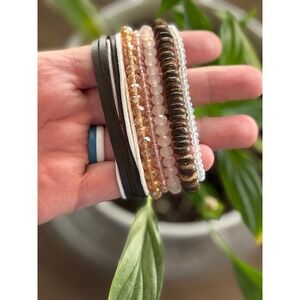 Boho Beaded Wrap‎ Bracelet Set Stack 6 Stone Wood Beads Leather Stackable Beaded